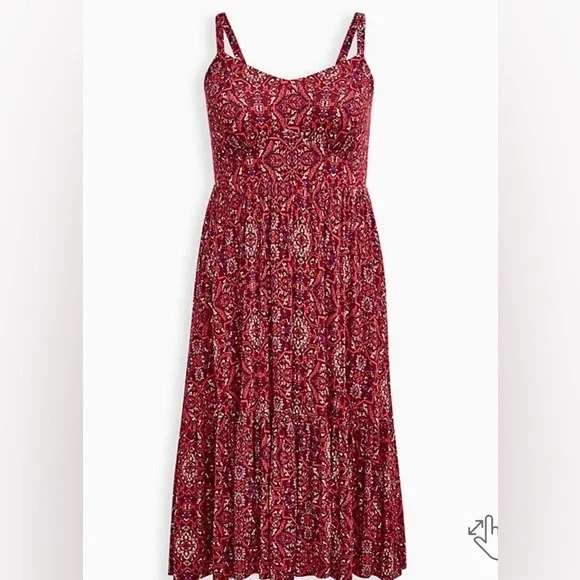 Torrid Medallion Midi Tiered super soft red skater sundress size 2 - Picture 3 of 13